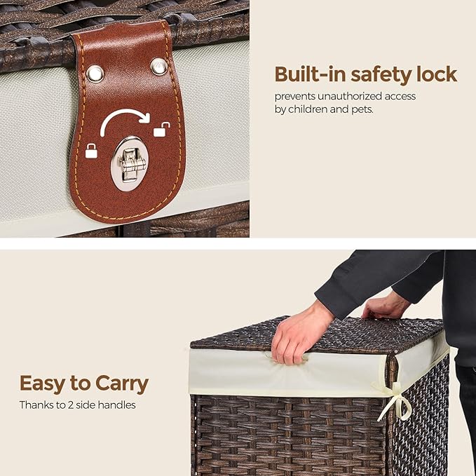 Wicker Storage Basket with Lid,Rattan Shelf Basket with Removable Liner Bag,200L Storage Bin,Storage Trunk with Heightened Feet,Storage Container for Wardrobe,Home Organizer