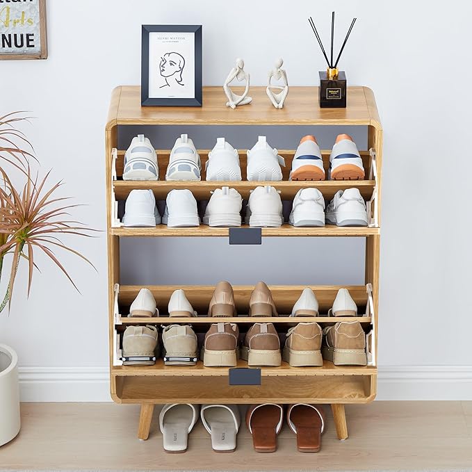 Narrow Shoe Cabinet for Entryway, Fluted Shoe Cabinet Storage with 2 Flip Drawers, Slim Shoes Rack Organizer (Natural)