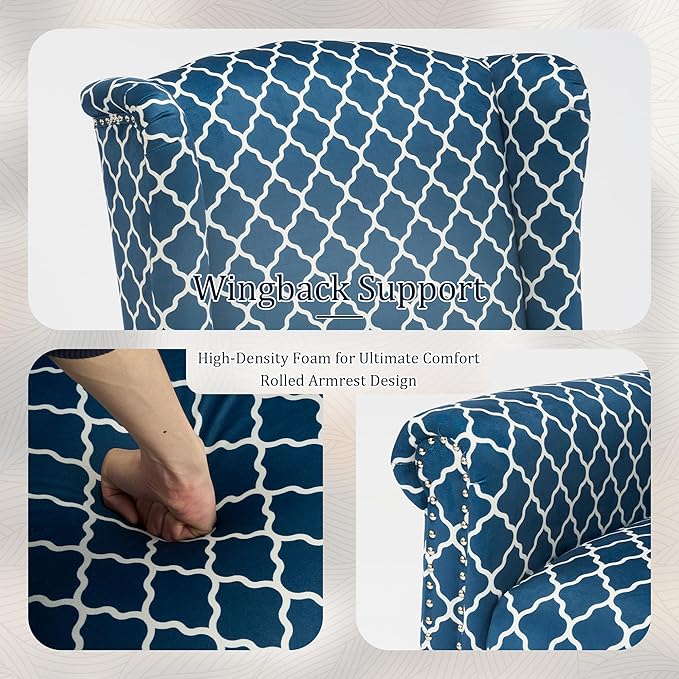 MOJAY Modern Accent Chair, Comfy Wingback Armchair Blue Plaid Club Chair with Wooden Legs for Living Room, Bedroom, Office, or Balcony