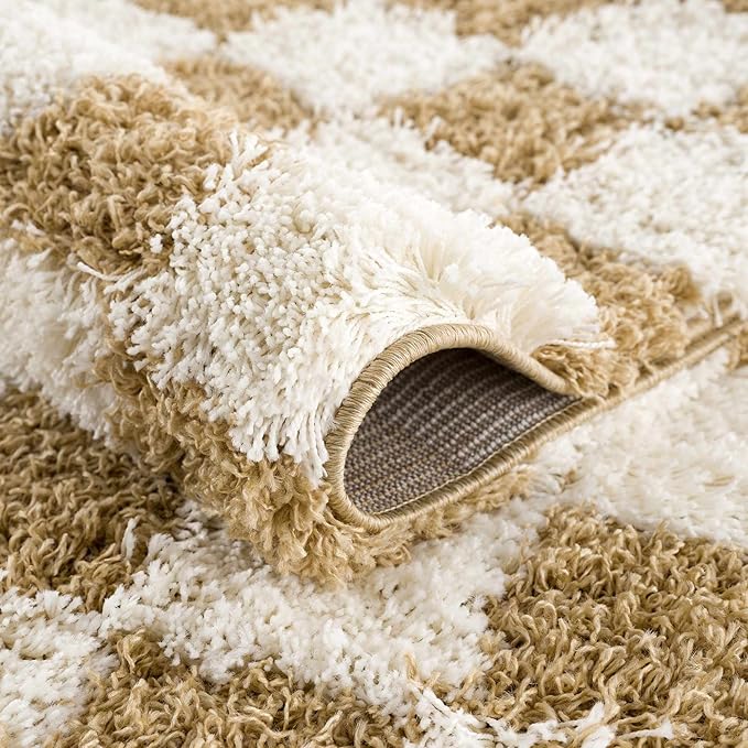 Hauteloom Atira Contemporary Checkered Fluffy Shag Runner Rug - Modern Geometric Carpet Tiles for Hallway, Kids Room - Plush Pile Carpet Squares - Yellow, Cream, White - 2'7" x 7'3"