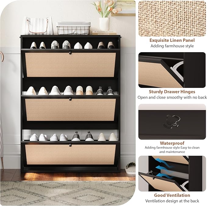 Shoe Storage Cabinet with 3 Flip Drawers, Narrow Wood Shoes Cabinet with Linen Doors Drawer, Freestanding Shoe Organizer Slim Shoe Cabinet Storage Shoe Rack for Entryway Hallway (Black)