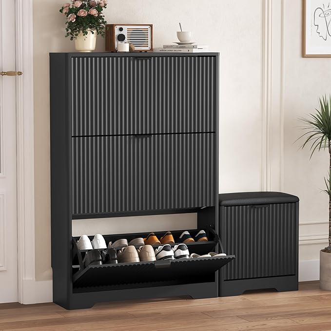 Shoe Cabinet Storage for Entryway with 4 Flip Drawers, Black Fluted Shoe Cabinet with Bench, Wooden Hidden Shoe Rack Freestanding Narrow Slim Shoes Storage Organizer for Hallway, Entrance