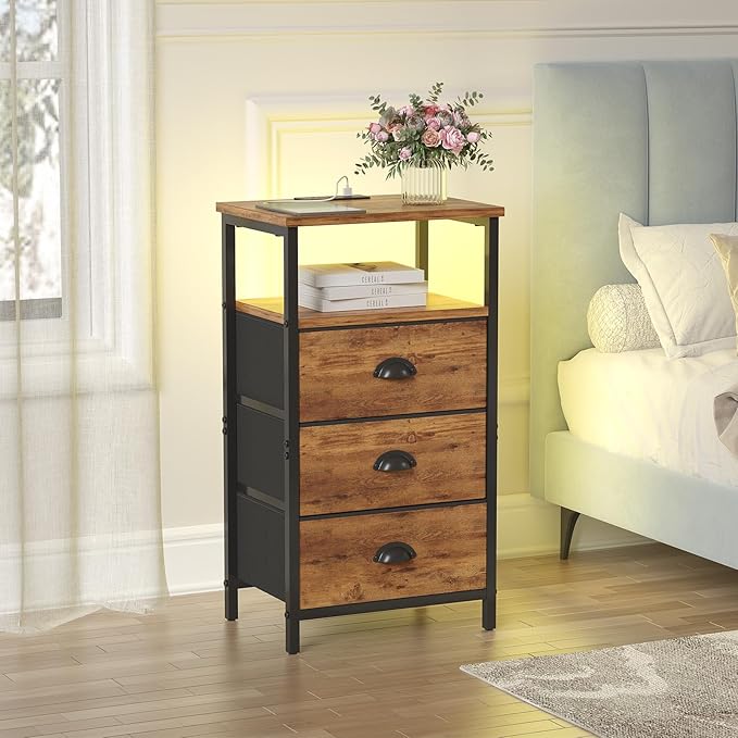 Nightstand with Charging Station,LED Night Stand with 3 Fabric Drawers, Bedside End Tables, 2-Tier Open Storage Shelf Side Table Nightstand with Drawers for Bedroom,Rustic Brown