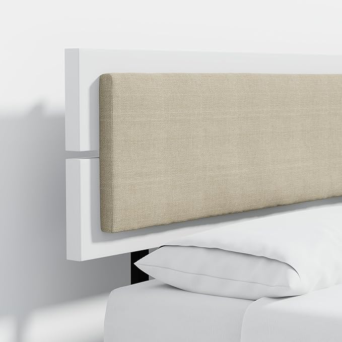 Modern Solid Wood Platform Bed with Adjustable Headboard with Cushion – No Box Spring Needed,Fast Assembly – Queen Size in White