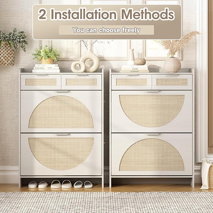 Rattan Shoe Storage Cabinet with 2 Flip Drawers & 2 Drawers, Freestanding Organizer for Front Door Entrance, Hidden Narrow Shoe Rack Cabinet Storage for Entryway, Antique White