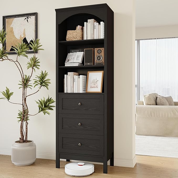 71" H Tall Bookshelf with Drawers, Farmhouse Book Shelf with 3-Tier Open Shelves, Wooden Bookcase with Storage Drawers, Freestanding Bookshelves for Bedroom, Living Room, Black