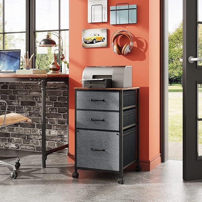 DEVAISE Mobile File Cabinet, Rolling Printer Stand with 3 Drawers, Fabric Vertical Filing Cabinet fits A4 or Letter Size for Home Office, Rustic Brown
