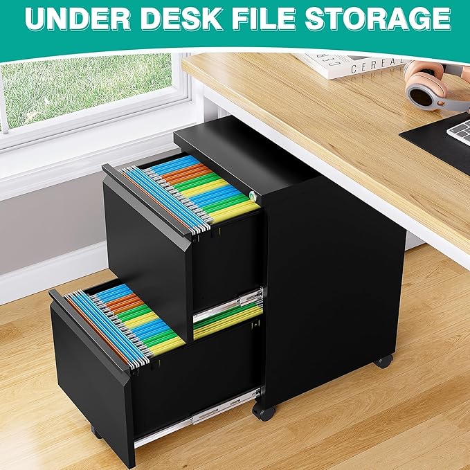 SISESOL 2 Drawer File Cabinet on Wheels,Metal Filing Cabinet with Lock,Black Rolling File Cabinets,Under Desk Office Cabinets for Home Office,Fit A4/Letter/Legal,Fully Assembled Except Caster