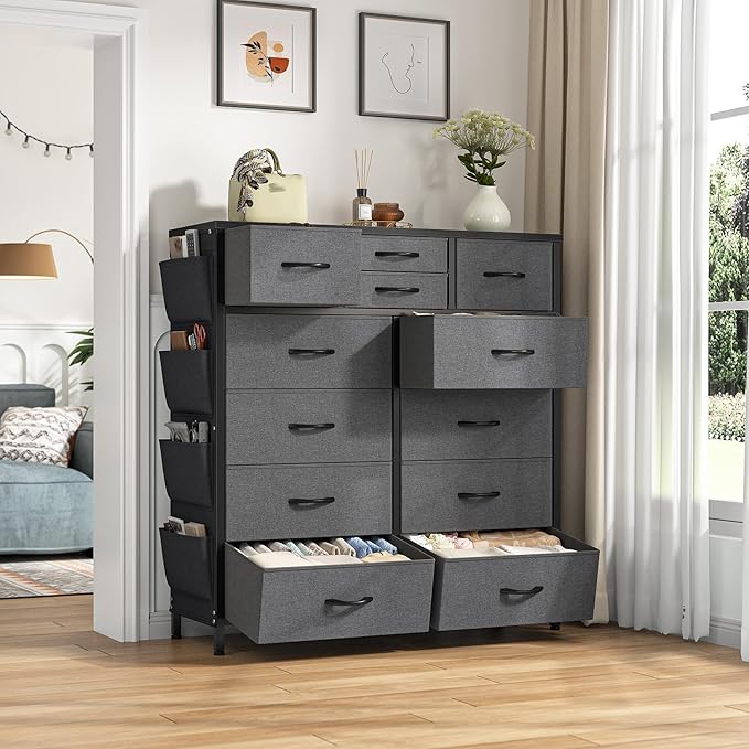 EnHomee Dresser for Bedroom with 12 Drawers, Dressers & Chest of Drawers with Side Pockets, Fabric Dresser for Bedroom, Hallway, Living Room, Sturdy Metal Frame, Wood Top, Grey