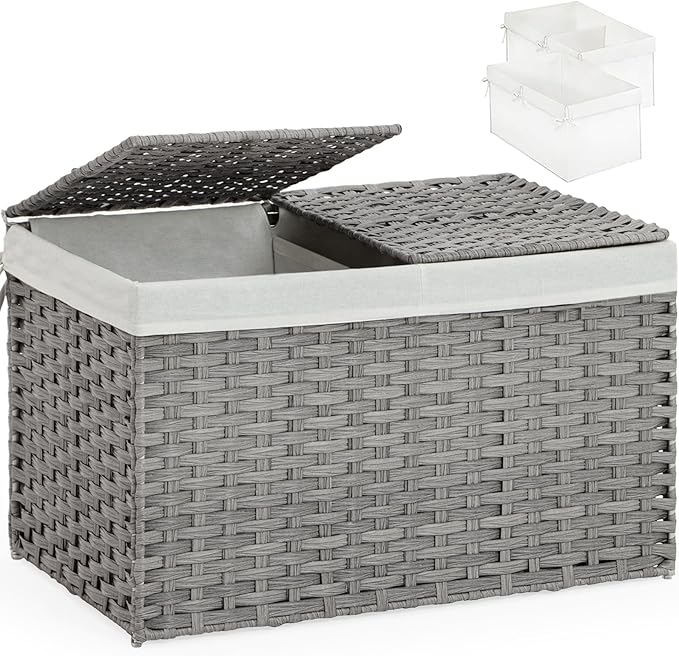 Storage Basket with Lid Rattan Storage Basket with 2 Separate Lid, 27.8 Gallon (105 L) 25.2 * 15.4 * 16.1 Inches Woven Wicker Baskets with 2 Liners and Handles for Bedroom Laundry-Gray