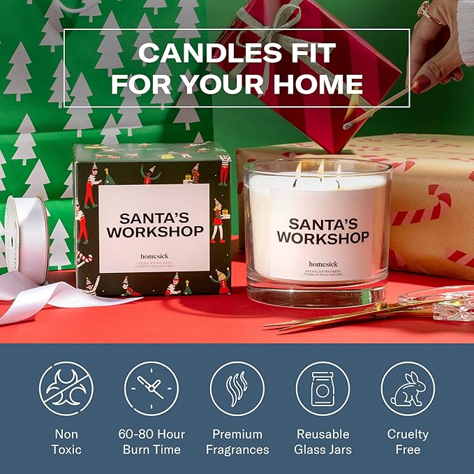 Homesick Scented Candles for Home (Santa’s Workshop) - 26 oz Long-Lasting Natural Soy Wax Blend Jar Holiday Candle Gifts for Christmas, 110-150 Hours Burn Time - Notes of Sandalwood & Fresh Snow