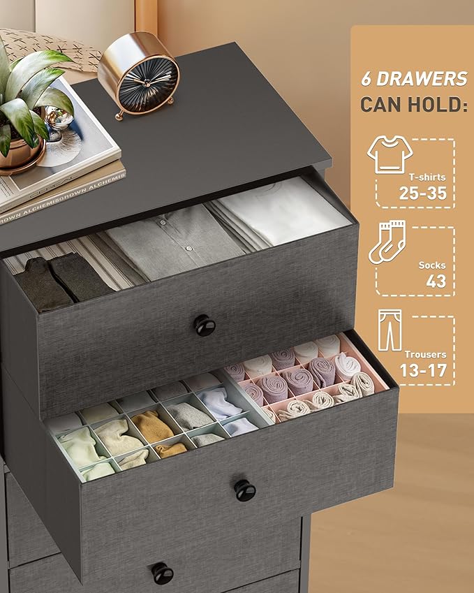 Tall Fabric Dresser for Bedroom, Wide Vertical Storage Organizer Tower with 6 Drawers, Chest of Drawers with Bins, Steel Frame, Wood Top for Bedroom, Closet, Entryway Black