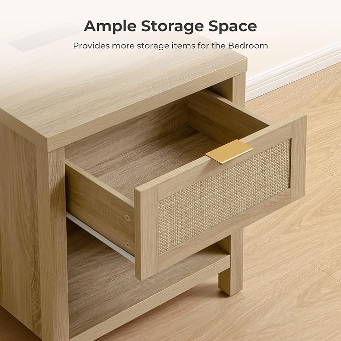 SICOTAS Rattan Nightstand, Farmhouse Night Stands with Drawer, Boho End Side Table for Bedroom, Small Space, Black Oak