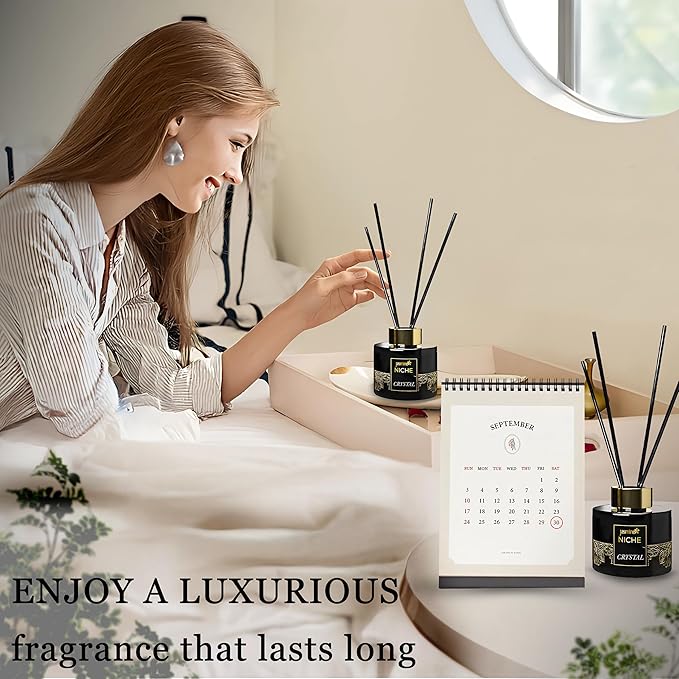 Luxury Jasmine NICHE Reed Diffuser Set 5.41 fl oz Long Lasting Home Fragrance Aromatherapy Diffuser with 6 Sticks Black Gold Bottle for Bedroom Bathroom Living Room Office Home Décor (Crystal)