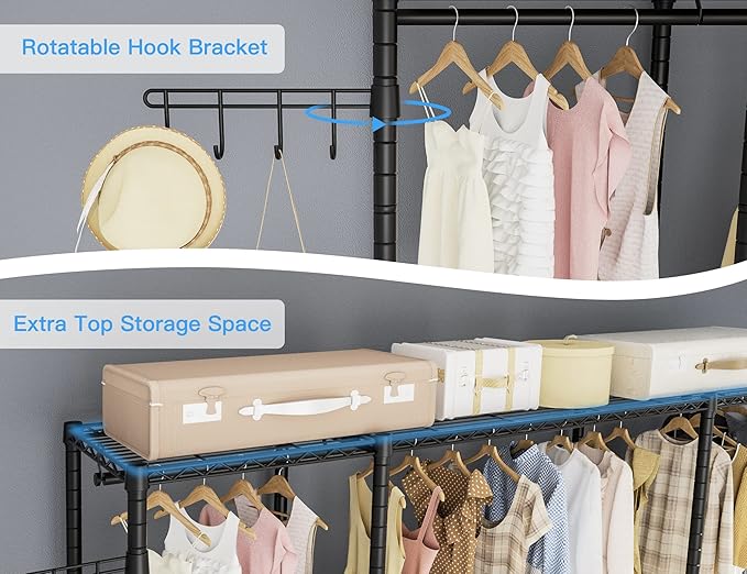 Ulif E3 Heavy Duty Garment Rack, 4 Tiers Freestanding Closet Organizer System with 5 Shelves, Metal Closet Organizer and Storage System for Clothes, Max Load 650lbs, 57.1"W x 14.5"D x 77.3"H, Black