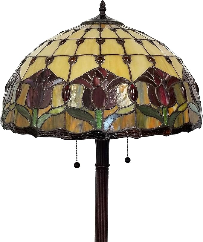 Amora Tiffany Style Standing Floor Lamp 62" Tall Stained Glass Brown Red Green Flower Tulip Antique Vintage Light Decor Bedroom Living Room Reading Gift AM002FL18B Lighting, Multicolor