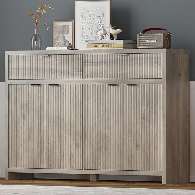 Fluted Sideboard Buffet Cabinet with Storage and Large Drawers, 55" W Credenza Storage Cabinet for Living Room or Entryway, 40'' H Farmhouse Buffet Table with Adjustable Shelves, Console Cabinet