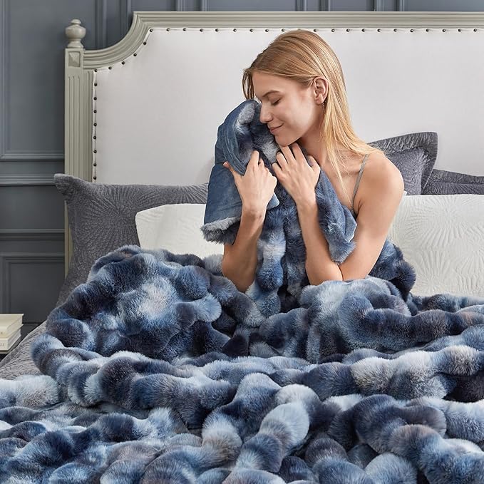 Cozy Bliss Faux Fur Throw Blanket for Couch, Fuzzy Soft Plush Thick Bubble Blanket for Sofa Bedroom Living Room, 90 * 90 Inches Tie Dye Blue