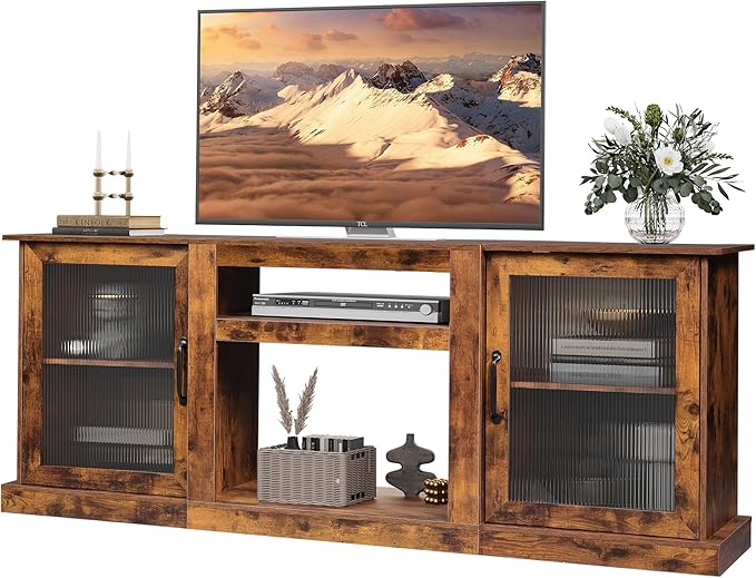 WLIVE Farmhouse TV Stand for 75 inch TV, Entertainment Center with Storage Cabinets, Mid Century Modern TV Console for Living Room, Bedroom, Rustic Brown