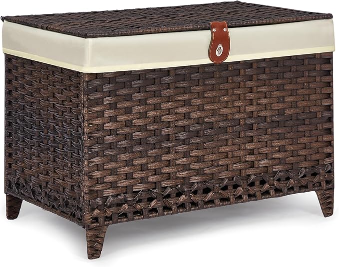Wicker Storage Basket with Lid,Rattan Shelf Basket with Removable Liner Bag,105L Storage Bin,Storage Trunk with Heightened Feet,Storage Container for Wardrobe,Home Organizer