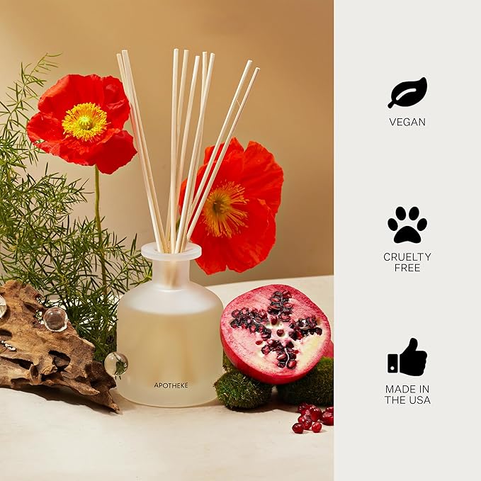 Apotheke Luxury Scented Reed Diffuser for Home, Apricot Red Currant - 6.7 Fl Oz Essential Oil Aromatherapy - 10 Rattan Scent Sticks Room Diffuser - Long-Lasting Fragrance for Bedroom, Home, Bathroom