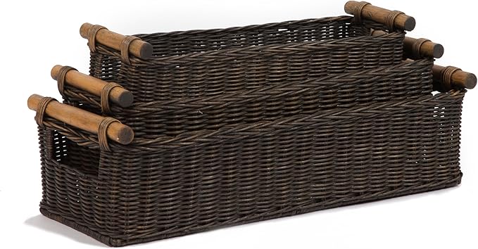 The Basket Lady Long Narrow Pole Handle Wicker Basket, Medium, 19 in L x 7 in W x 5.5 in H, Antique Walnut Brown
