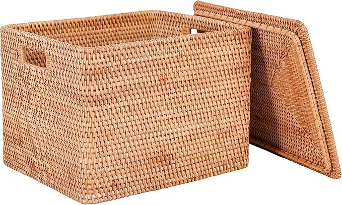 Rattan Basket With Lid, Large Lidded Basket For Storage(15.7" L×13"W×11.8"H)