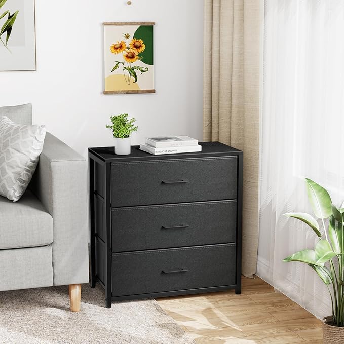 Nightstand with 3 Drawers for Bedroom, Storage Dresser with Fabric Drawers and Metal Frame for Closet, Living Room, Bedside Table with Wood Top, Easy Pull Handle, Black