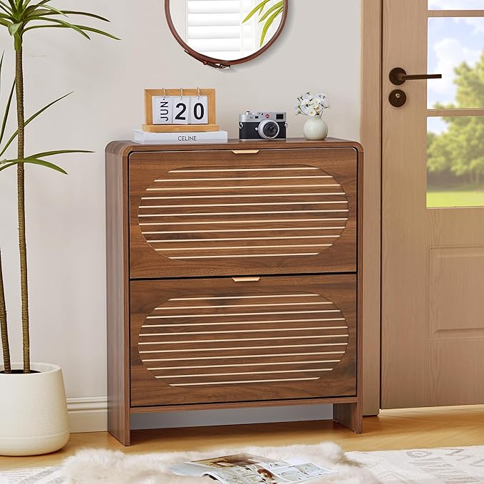 Curved Narrow Shoe Storage Cabinet for Entryway with 2 Flip Drawers, Wood Shoe Cabinet with Arched Panel, Freestanding Shoe Organizer Closed Shoe Rack for Hallway, Foyer, Walnut