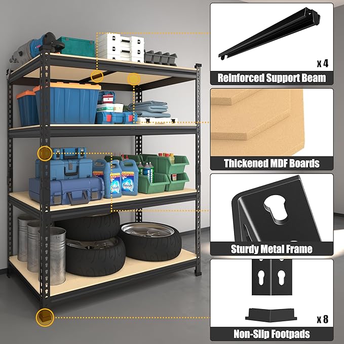 PrimeZone 40" W x 20" D x 59" H Heavy Duty Storage Shelves, 4 Tier Adjustable Garage Shelving Unit, Metal Organizer Shelf Utility Rack for Warehouse Pantry Closet Kitchen, Black