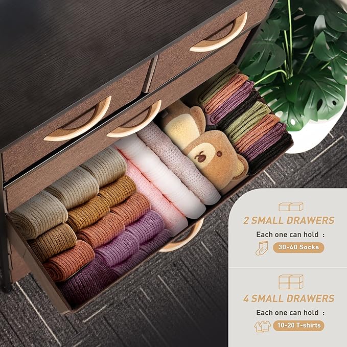 Tall Dresser for Bedroom, Vertical Storage Organizer Tower with 6 Drawers, Chest of Drawers with Fabric Bins, Steel Frame, Wood Top for Bedroom, Closet, Entryway- Brown