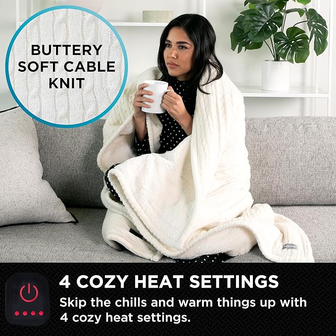 Brookstone Heated Throw Blanket - Heat Blankets Electric - Faux Fur Heated Throw Blanket- 4 Heat Settings, 4-Hour Auto Shut Off, 100% Polyester, 50"x60" - Knit Ivory