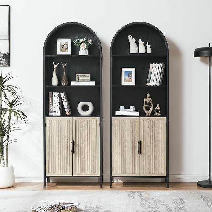 Arched Bookcase Book Shelf with Doors, 5 Tier Tall Display Bookshelf Cabinet with Storage, Industrial Floor Standing Bookshelves Open bookcases for Home Office, Living Room(Oak&Black)