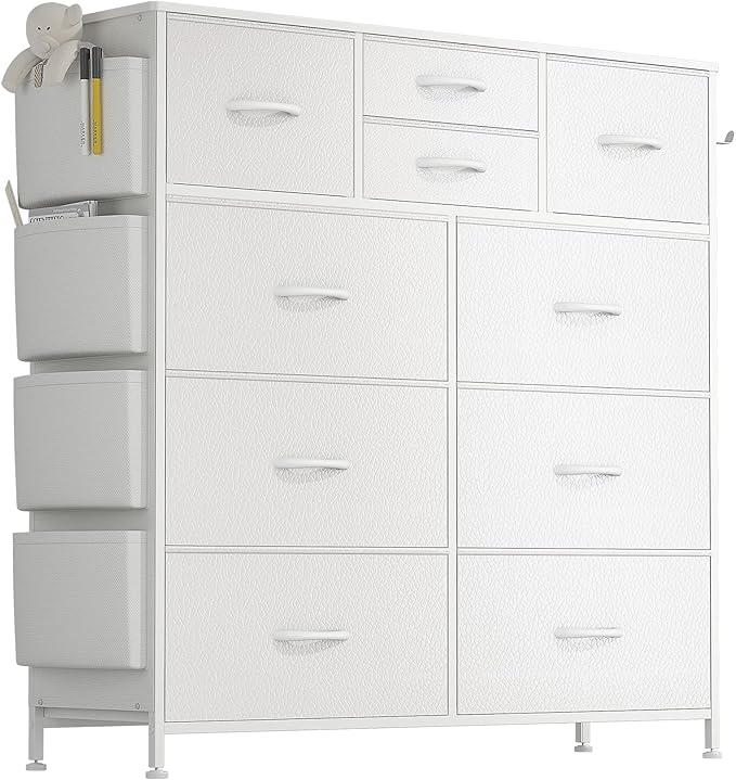 Lulive White Dresser for Bedroom with 10 Drawers, Chest of Drawers with Side Pockets and Hooks, PU Storage Dresser, Organizer Unit for Living Room, Hallway, Closet (White)