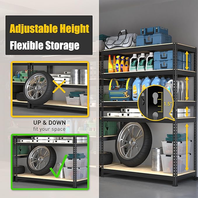 PrimeZone 40" W x 18" D x 71" H Heavy Duty Storage Shelves, 5 Tier Adjustable Garage Storage Shelving, Metal Shelving Unit Utility Rack Shelf for Warehouse Pantry Closet Kitchen, Black, 2 Pack