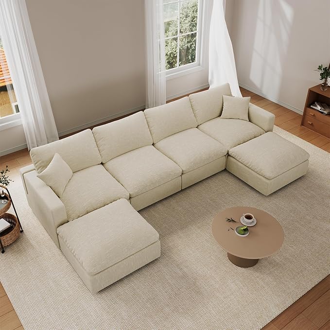 Cloud Couch Modular Sectional Sofa, 123.8" 6-Seater U Shaped Sectional Couches for Living Room, Convertible Cloud Sofa with Ottoman, Down Filled Wide & Deep Seat, Removable Washable Cushion Covers