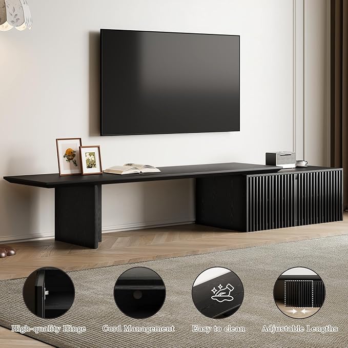 Modern TV Stand, Entertainment Center with Storage, Extendable TV Media Console for Up to 55+ Inch, Minimalist Television Cabinet for Living Room/Bedroom - Black (78.7"-110" Extendable)