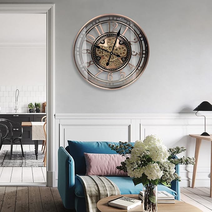 DORBOKER Real Moving Gears Wall Clock Large Modern Metal Clocks for Living Room Decor, Industrial Steampunk Unique Vintage Rustic Decorative Clock for Home Farmhouse Office, 21 Inch Red Copper Arabic