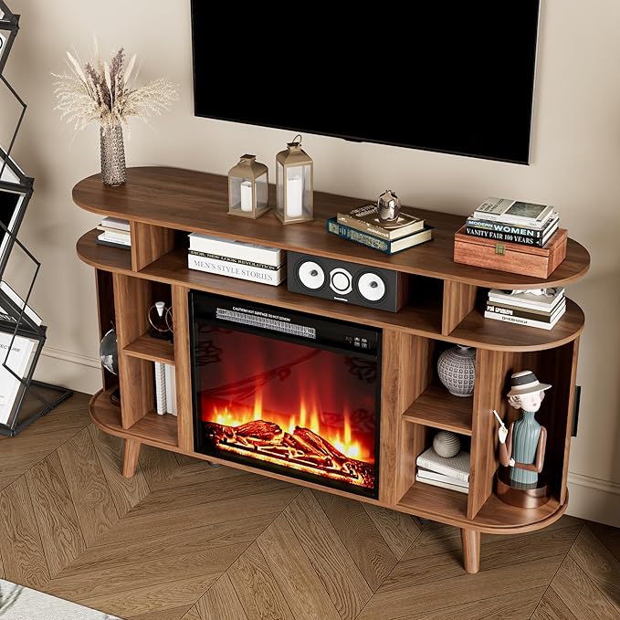 Fireplace TV Stand for TVs Up to 65 Inch, Modern Fireplace Entertainment Center with Sliding Doors and Adjustable Shelves, Media Console Table for Living Room Bedroom, Walnut (Fireplace tv Stand)