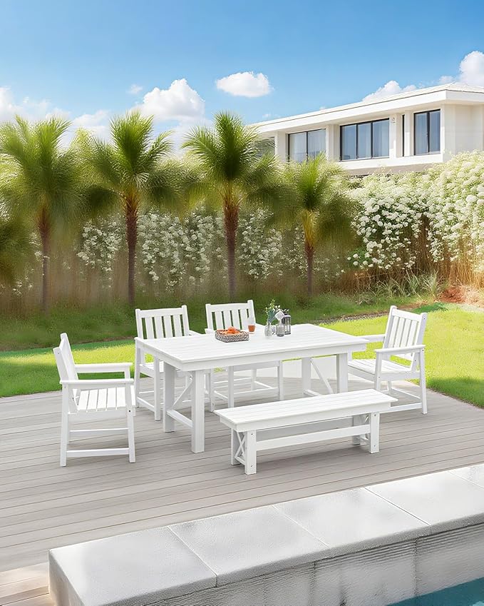 QUASCO Outdoor HDPE Dining Set for 6, Patio Dining Furniture Set with Umbrella Hole Table and 1 Bench and 4 Chairs, All Weather Outdoor Dining Bench Sets for Poolside, Garden, Deck, White
