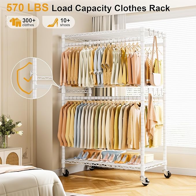 P4 Plus Rolling Clothes Rack Heavy Duty, Clothing Racks for Hanging Clothes, Free Standing Garment Racks with Wheels, Portable Closet Rack 45''W × 20.5''D × 80.5''H, Max Load 570 Lbs, White