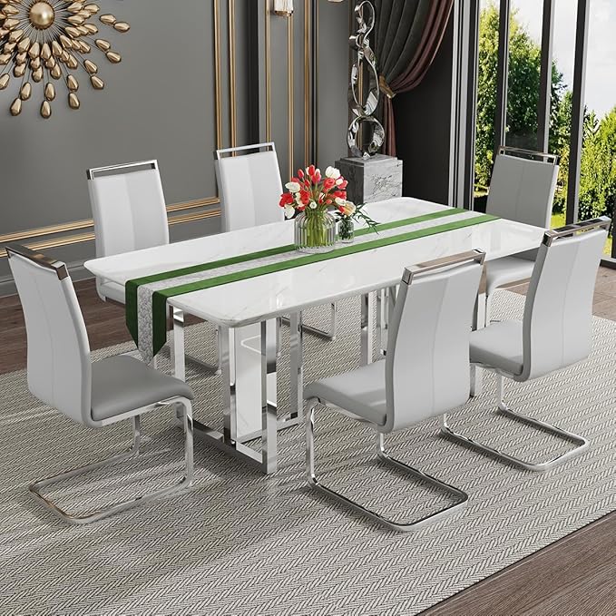 67'' Modern Dining Table Set for 6,White Kitchen Table Set,Luxury Dining Table Set with 1.8-inch Thick Faux Marble Table Top＆6 Pu Leather Upholstered Chairs Ideal for Dining kicken Room