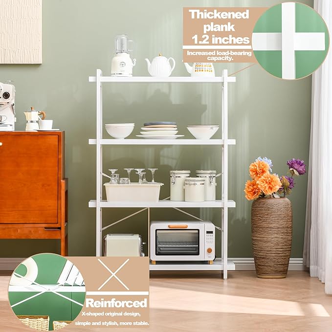 HCHQHS Bookshelf, 4-Tier Industrial Bookcase, White Open Book Shelf, Freestanding Tall Bookshelves with Metal Frame