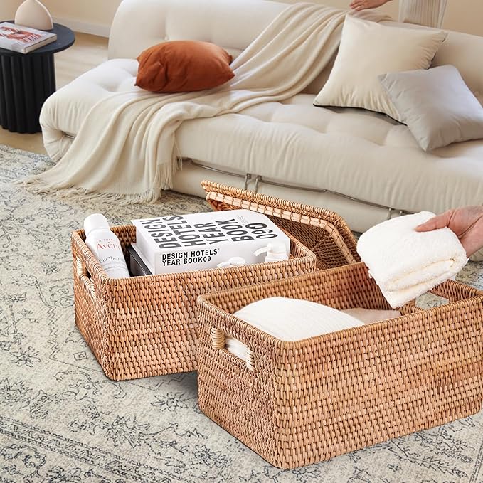 Rattan Basket With Lid, Large Lidded Basket For Storage(14.17" L×10.24"W×9.45"H)