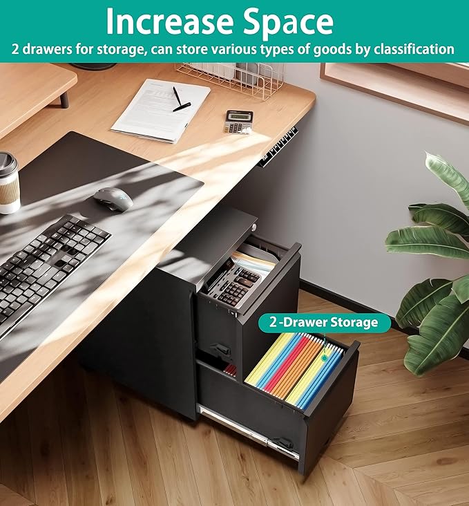 SISESOL 2 Drawer File Cabinet on Wheels,Metal Filing Cabinet with Lock,Black Rolling File Cabinets with Casters,Under Desk Office Cabinets for Home Office,Fit A4/Letter/Legal,Easy Assembly