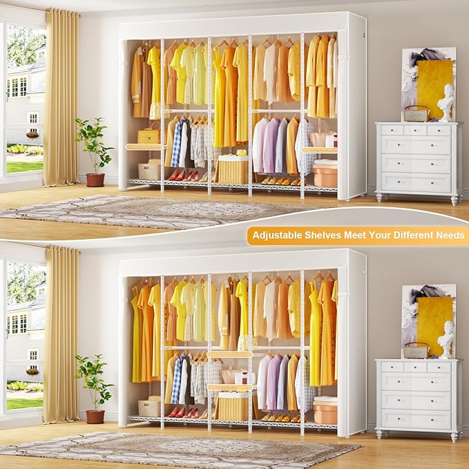H50C Extra Large Clothes Rack with Cover, Freestanding Portable Closet, Covered Clothing Racks for Hanging Clothes, Heavy Duty Garment Rack, Wardrobe Closet with White Cover Max Load 1350 Lbs