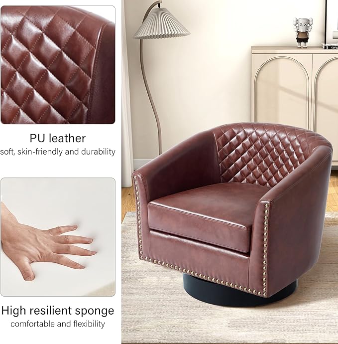 Swivel Barrel Accent Chair, Comfy Modern Upholstered Round Faux Leather Arm Chair for Living Room