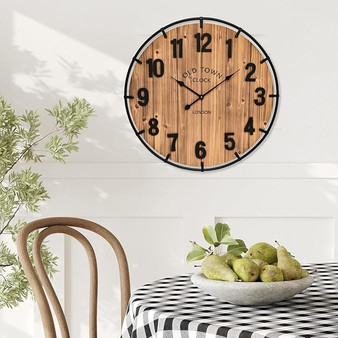 20 Inch Farmhouse Wall Clock Large Old Town Vintage Rustic Wooden Clock with Metal Rim and Large Numerals, Silent Battery-Operated for Office, Kitchen, Bedroom, and Living Room