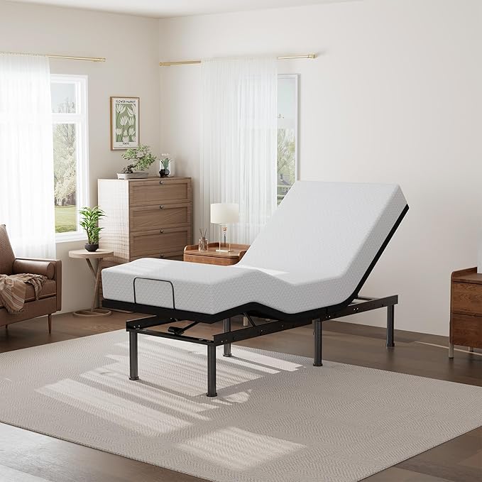 Twin XL Adjustable Bed Base Frame and 10 inch Green Tea Memory Foam Mattress, Electric Bed Base w/Wireless Remote, Zero Gravity Bed, Head and Foot Incline, Anti-Snore,Easy Assembly