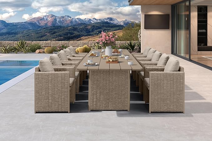 PURPLE LEAF 11 Pieces Outdoor Patio Dining Set Modern Large Weather-Resistant Table and Aluminum Chairs Cushions and Pillows Included for Family Dinners Indoor Decor Kitchen Grey